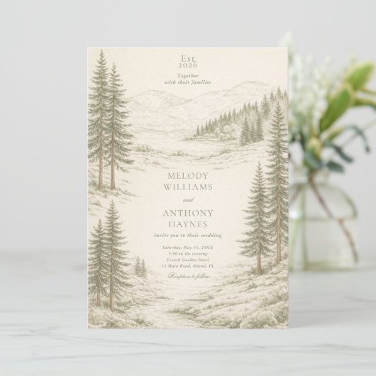 Nature Wedding with Pine Trees Mountain Landscape 招待状 (スタンド正面)