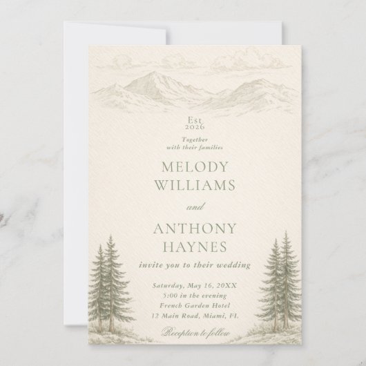 Nature Wedding with Pine Trees Mountain Landscape 招待状 (正面)