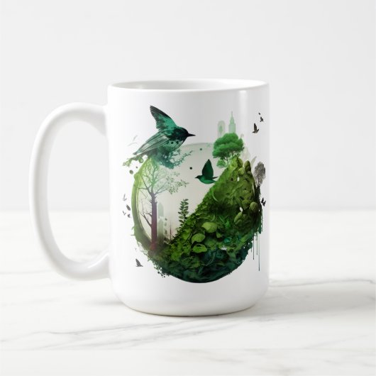 Nature's Symphony Vibrant Green Landscape wth Bird コーヒーマグカップ (左)