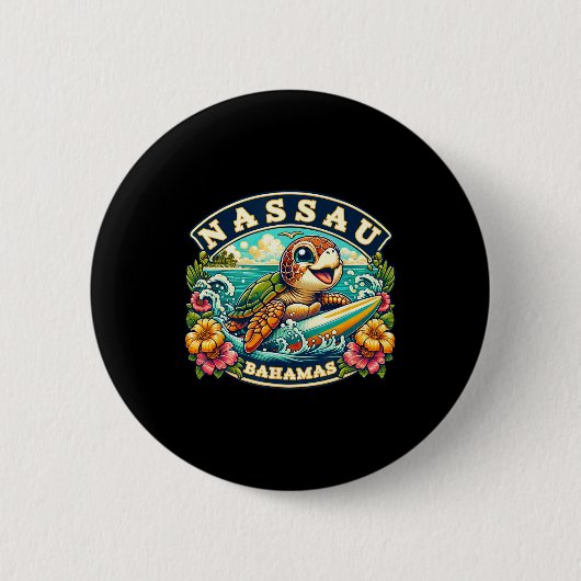 Nau Hamas かわいいウミガメのサーフィン 缶バッジ (正面)