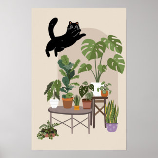 Naughty Black Cat & Monstera Jungle ポスター
