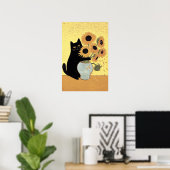Naughty Black Cat Sunflower Painting Style ポスター (ホームオフィス)