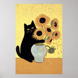 Naughty Black Cat Sunflower Painting Style ポスター