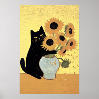 Naughty Black Cat Sunflower Painting Style ポスター