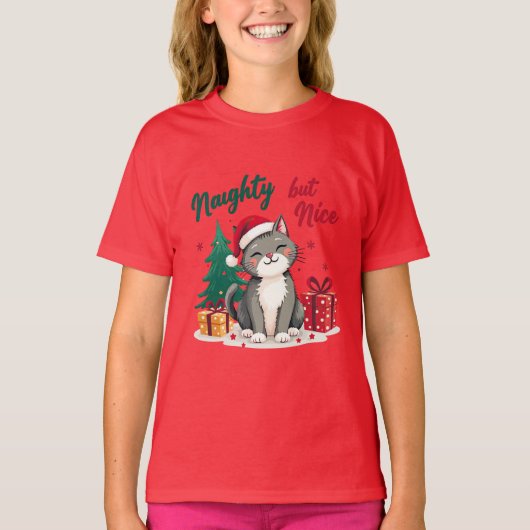 Naughty But Nice Cat Christmas T-shirt Tシャツ (正面)