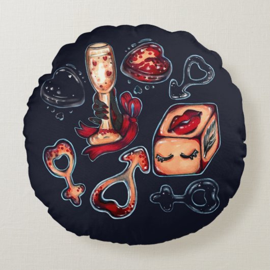 Naughty Dice & Champagne Adult Humor Dark Romantic ラウンドクッション (正面)