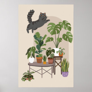 Naughty Grey Tabby Cat & Monstera Jungle ポスター