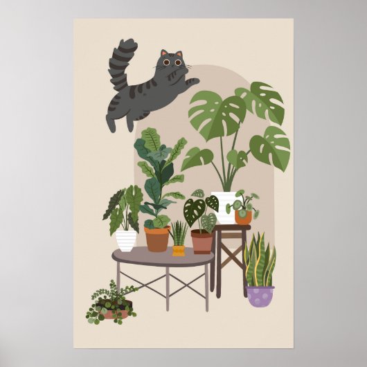 Naughty Grey Tabby Cat & Monstera Jungle ポスター (正面)