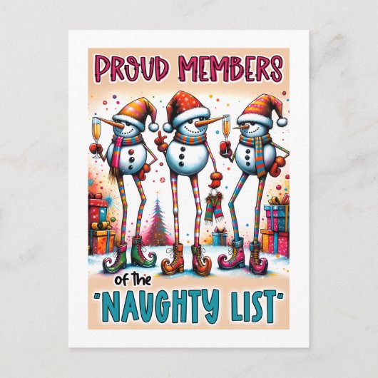Naughty List Snowmen Toasting in Holiday Style ポストカード (正面)