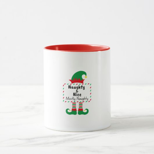 Naughty Nice Mostly Naughty Elf Funny Xmas Mug マグカップ (中央)