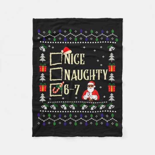 Naughty Nice Six Seven Kids Ugly Christmas Sweater フリースブランケット (正面)