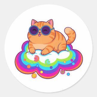 naughty Orange Cat Blep on Rainbow Cloud ラウンドシール