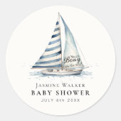 Nauti-Bouy Blue Stripe Sailboat Baby Shower ラウンドシール (正面)
