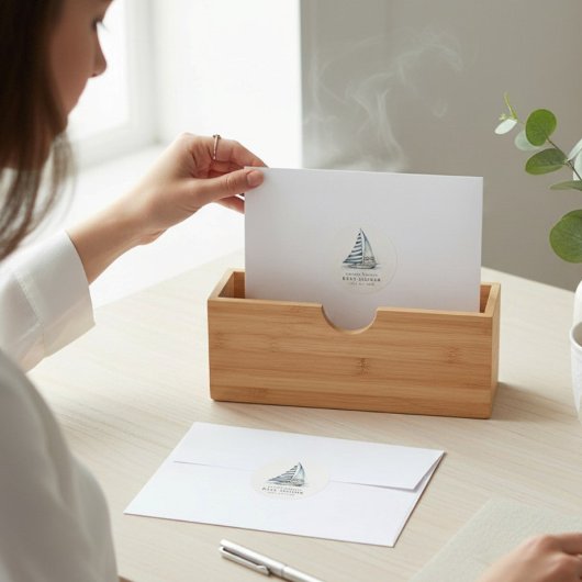 Nauti-Bouy Blue Stripe Sailboat Baby Shower ラウンドシール