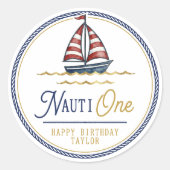 Nauti One セイルボート 1歳の誕生日パーティー ラウンドシール (正面)