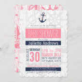 nauticalテイストのベビーシャワー招待状(女の子 ピンク 青) 招待状 (正面/裏面)