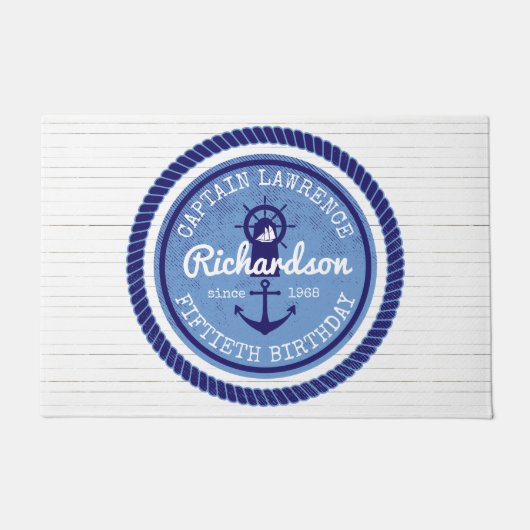nautical大尉の第50誕生日ロープのいかりの舵輪 ドアマット (正面)