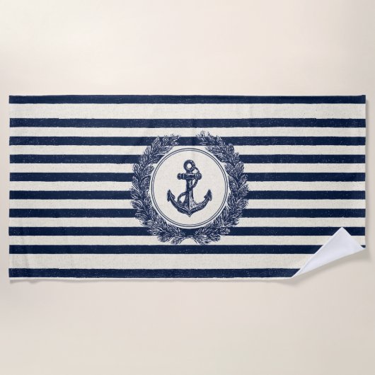 Nautical Anchor and Laurel Wreath on Navy Stripes ビーチタオル (正面)