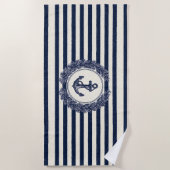 Nautical Anchor and Laurel Wreath on Navy Stripes ビーチタオル (正面)
