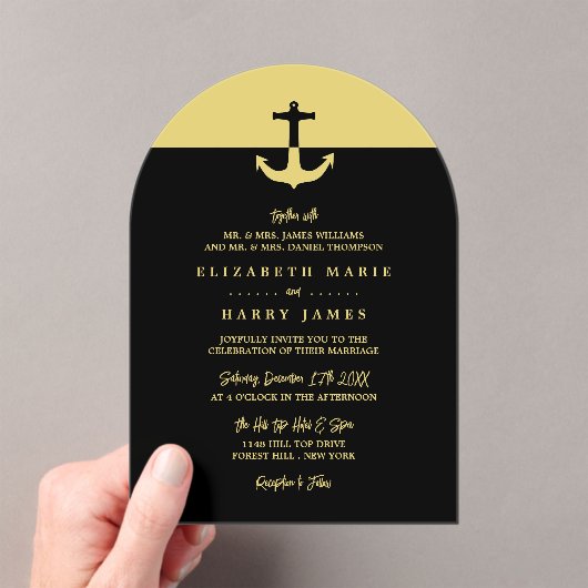 Nautical Anchor - Black Gold - Beach Wedding アクリル招待状 (インサイチュ (ポータブル))