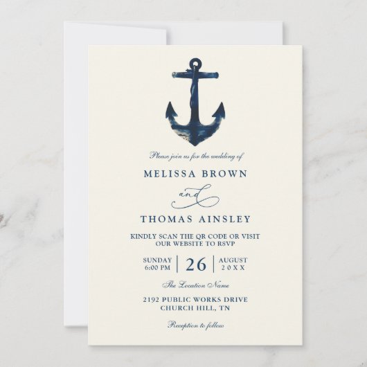 Nautical Anchor Blue Modern Chic QR Code Wedding 招待状 (正面)