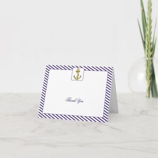 Nautical Anchor Blue Stripe Wedding Thank You サンキューカード (正面)