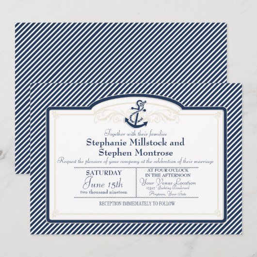 Nautical Anchor Boat Diagonal Stripes Swirl Modern 招待状 (正面/裏面)