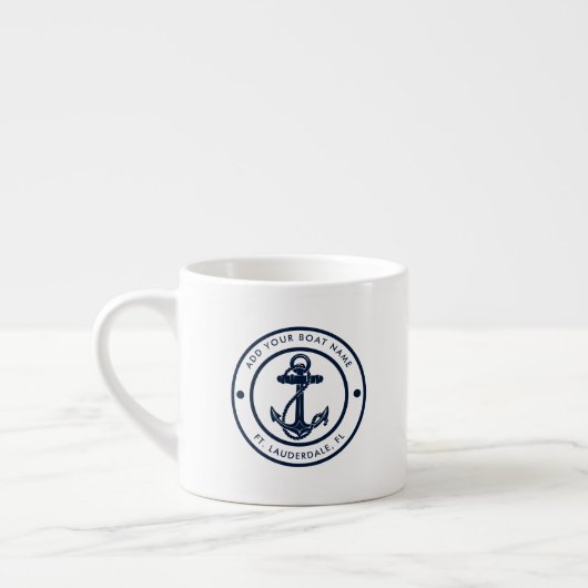 Nautical Anchor Boat Name Navy Blue Boating エスプレッソカップ (左)