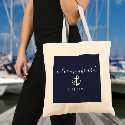 Nautical Anchor Boat Name Navy Blue Welcome Aboard トートバッグ