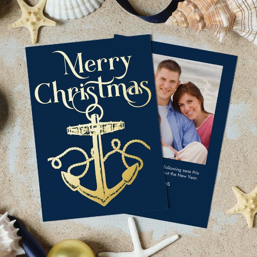 Nautical Anchor Christmas Photo Navy Blue Gold 箔シーズンカード