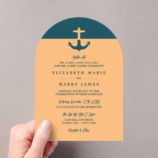 Nautical Anchor - Coral Blue - Beach Wedding アクリル招待状 (インサイチュ (ポータブル))