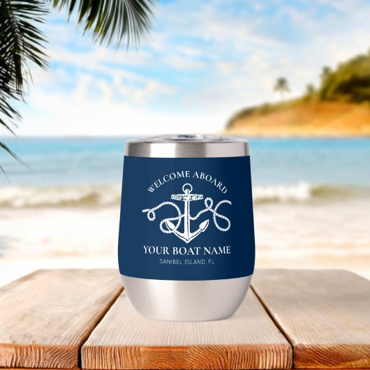 Nautical Anchor Custom Boat Name Navy Blue  (ビーチ (回転後))