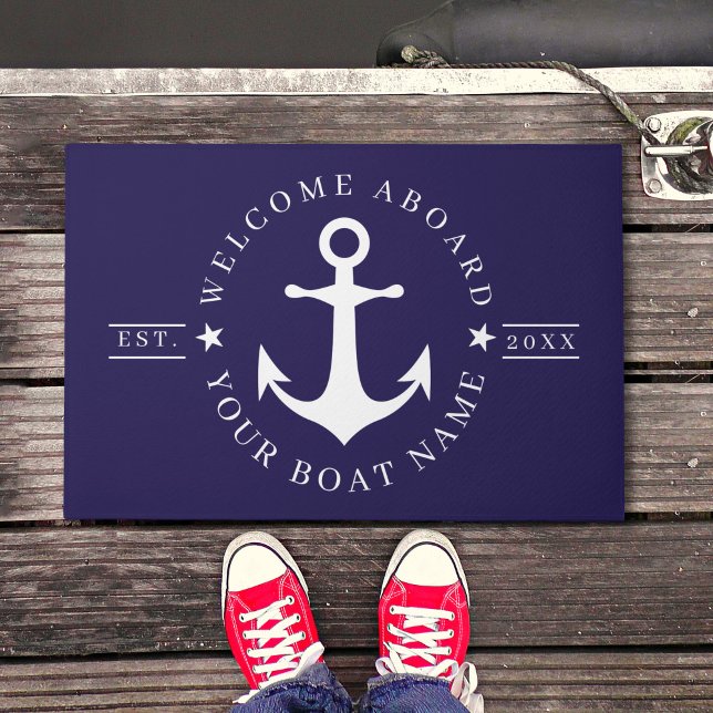 Nautical Anchor Custom Boat Name Welcome Doormat ドアマット (Nautical Anchor Custom Boat Name Welcome Doormat)