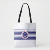 Nautical Anchor Design with Navy Stripes トートバッグ (正面)