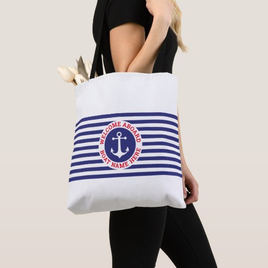 Nautical Anchor Design with Navy Stripes トートバッグ (クローズアップ)