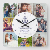 Nautical Anchor Navy Blue Family 8 Photo Collage スクエア壁時計 (正面)