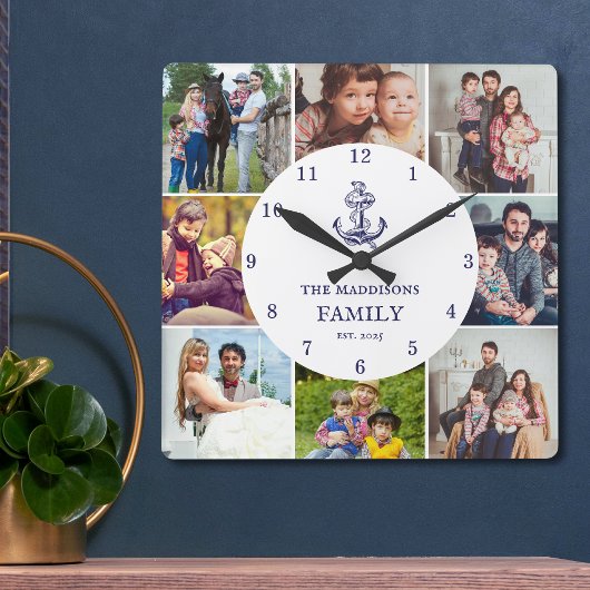 Nautical Anchor Navy Blue Family 8 Photo Collage スクエア壁時計