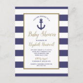 Nautical Anchor Navy Blue Striped Boy Baby Shower インビテーションポストカード (正面)