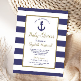 Nautical Anchor Navy Blue Striped Boy Baby Shower インビテーションポストカード