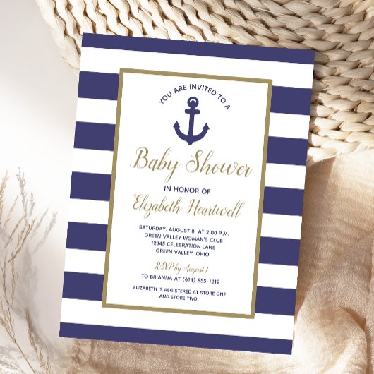 Nautical Anchor Navy Blue Striped Boy Baby Shower インビテーションポストカード