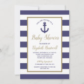 Nautical Anchor Navy Blue Striped Boy Baby Shower 招待状 (正面)