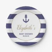 Nautical Anchor Navy Blue Stripes Boy Baby Shower ペーパープレート (正面)