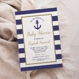 Nautical Anchor Navy Blue Stripes Boy Baby Shower 招待状