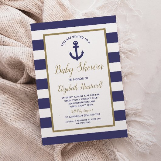 Nautical Anchor Navy Blue Stripes Boy Baby Shower 招待状