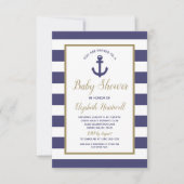 Nautical Anchor Navy Blue Stripes Boy Baby Shower 招待状 (正面)