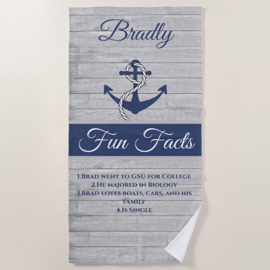 Nautical Anchor Personalized Navy Blue Fun Facts ビーチタオル (正面)