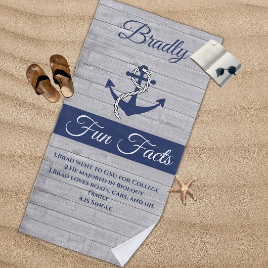 Nautical Anchor Personalized Navy Blue Fun Facts ビーチタオル