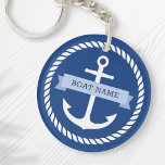 Nautical anchor rope border boat name keys キーホルダー<br><div class="desc">Acrylic keychain for your boat keys featuring a white nautical anchor surrounded by a rope border on a dark blue background. Across the anchor is a light blue ribbon with a template field for your boat's name.</div>