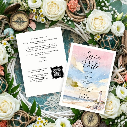 Nautical Anchor & Seashells Coastal Scene Wedding セーブザデート