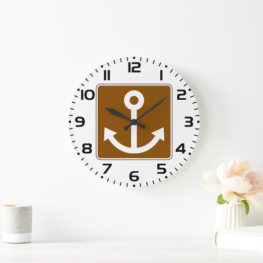 Nautical Anchor Symbol Brown Marina Sign ラージ壁時計